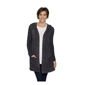 Barefoot Dreams CozyChic Lite Hooded Cardigan Open Front Gray Size Medium